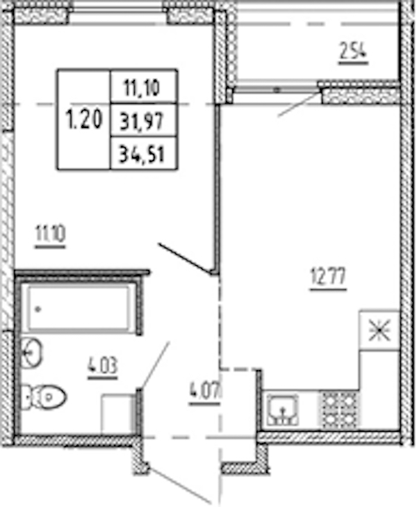 1-комнатная квартира 31.97 м², 22/22 эт., ЖК «Новые горизонты 2»